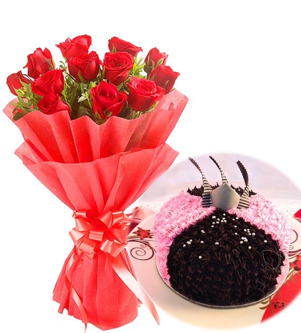 Red Rose & Choco-Strawberry Cake  midnight Delivery