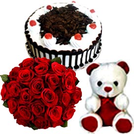 A 10 red roses Bunch, 1/2kg Black Forest Cake and small teddy