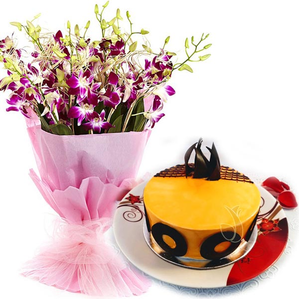 Mango Magic Cake & Orchids Bunch  midnight Delivery