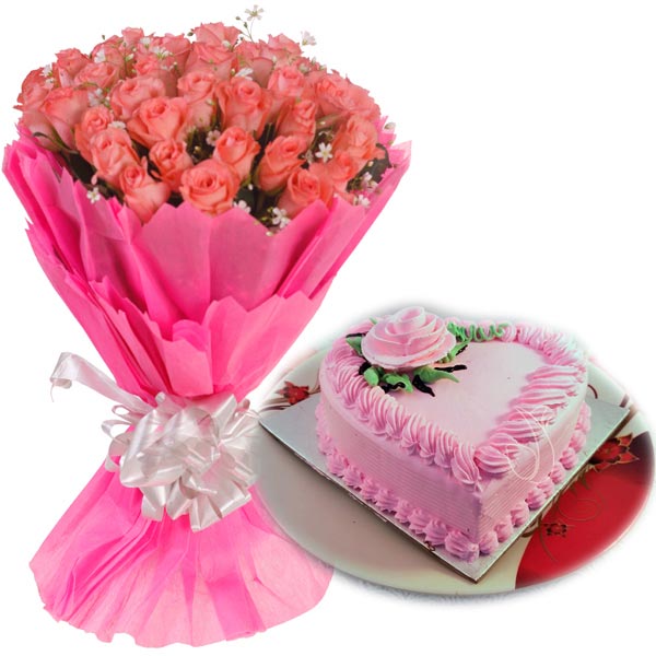 Pink Roses & Heartshape Strawberry Cake midnight Delivery