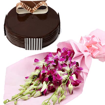 Chocolate Truffle Cake & Orchids Bunch