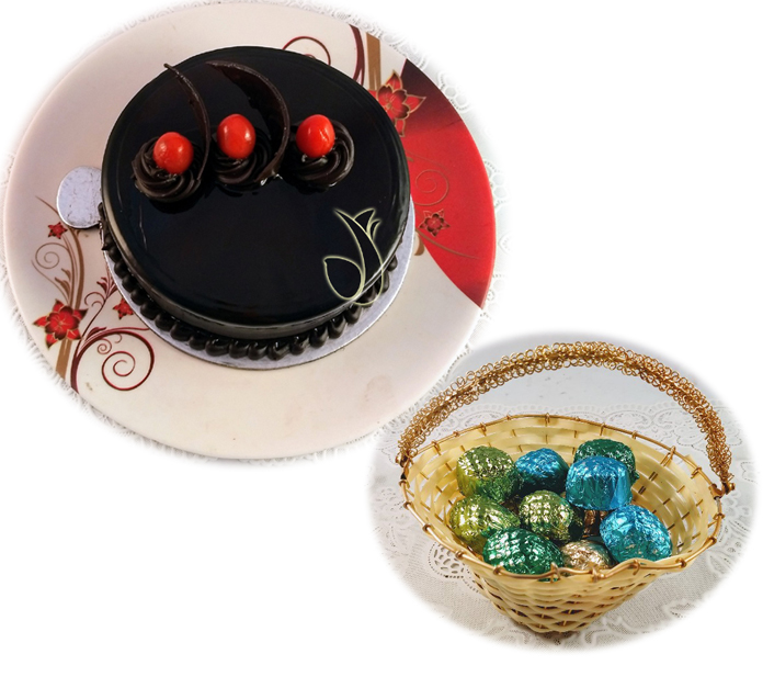 Dark Chocolate Cake & Hand Made Chocolates in Small Cute Cane Basket  (Only For Delhi)