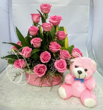 Pink Rose Basket & Small Teddy
