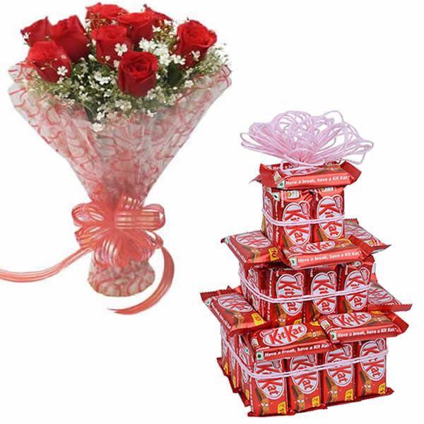 Kitkat Tower & Red Rose Bunch