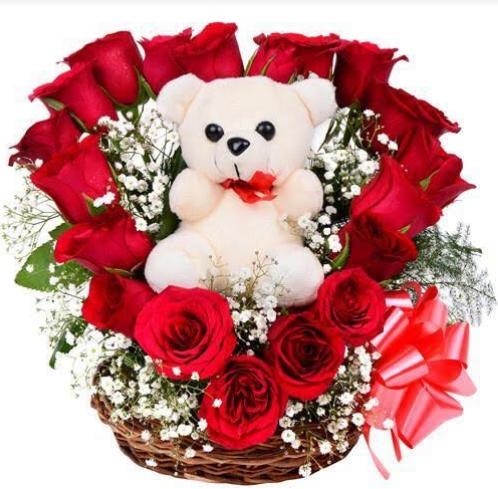 Basket of 20 Red Roses with Teddy Bear