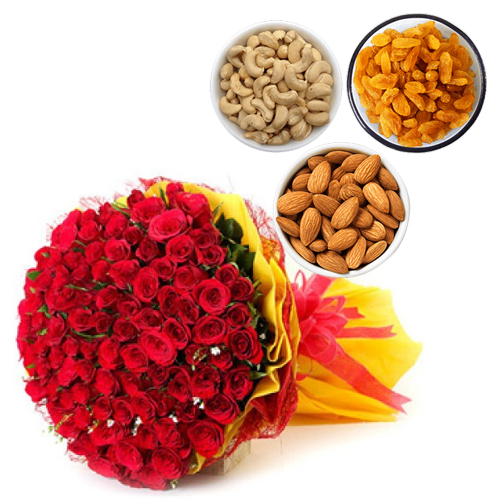 Bunch of 100 Red Roses in Yellow Paper Packing & 500Gm Mix Dry Fruit midnight Delivery