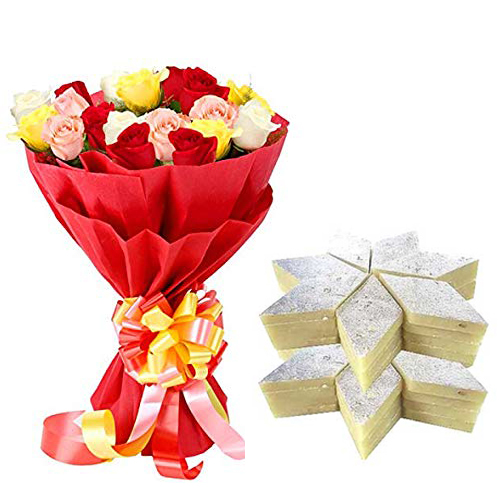 Bunch of 20 Mixed Colour Roses in Paper Packing & 500Gm Kaju Burfi 