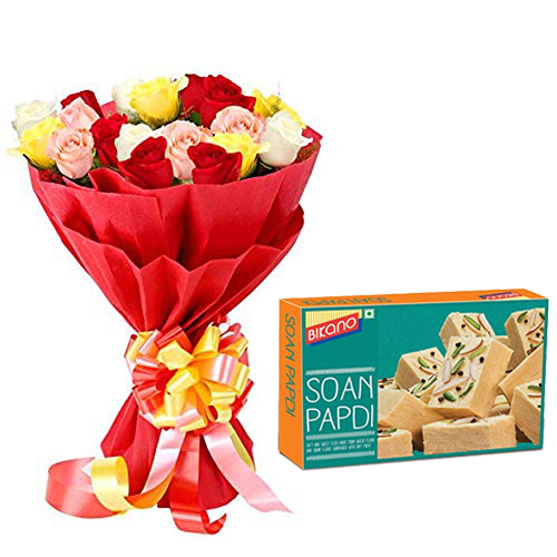 Bunch of 20 Mixed Colour Roses in Paper Packing & 500Gm Soanpapdi