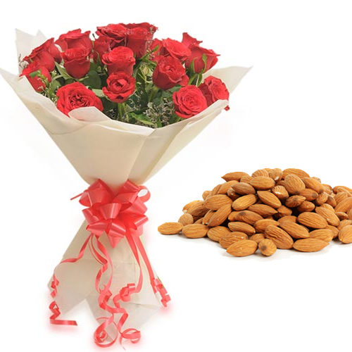 Roses Bunch & 1/2Kg Almond Dry Fruit midnight Delivery