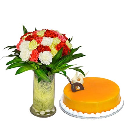 Carnations in Vase with Cake